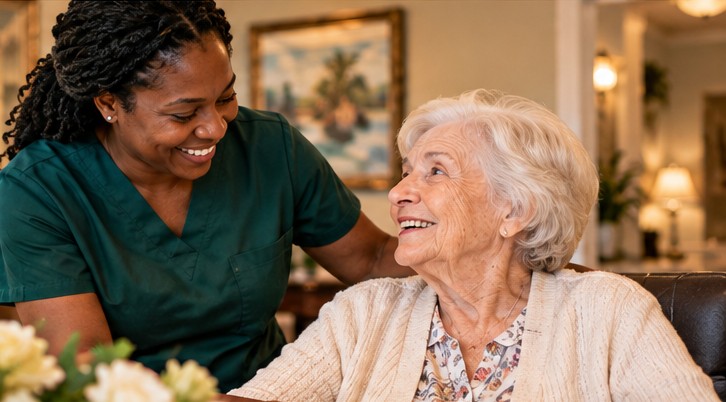 Illustrative image of a caregiver warmly engaging with an older adult