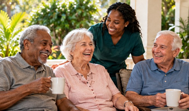 Illustrative image of older adults enjoying a friendly conversation
