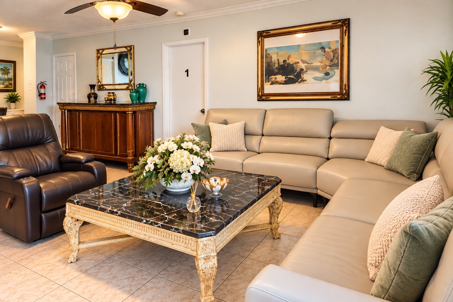 Comfortable seating in the living room at Premiere Assisted Living
